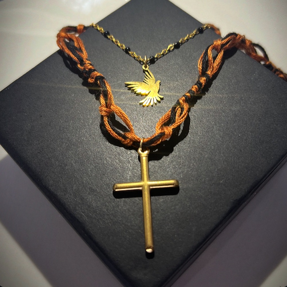 NEW Cinnamon&Black HandWoven Cotton Rope w Cross Black Enamel Beaded Chain wDove